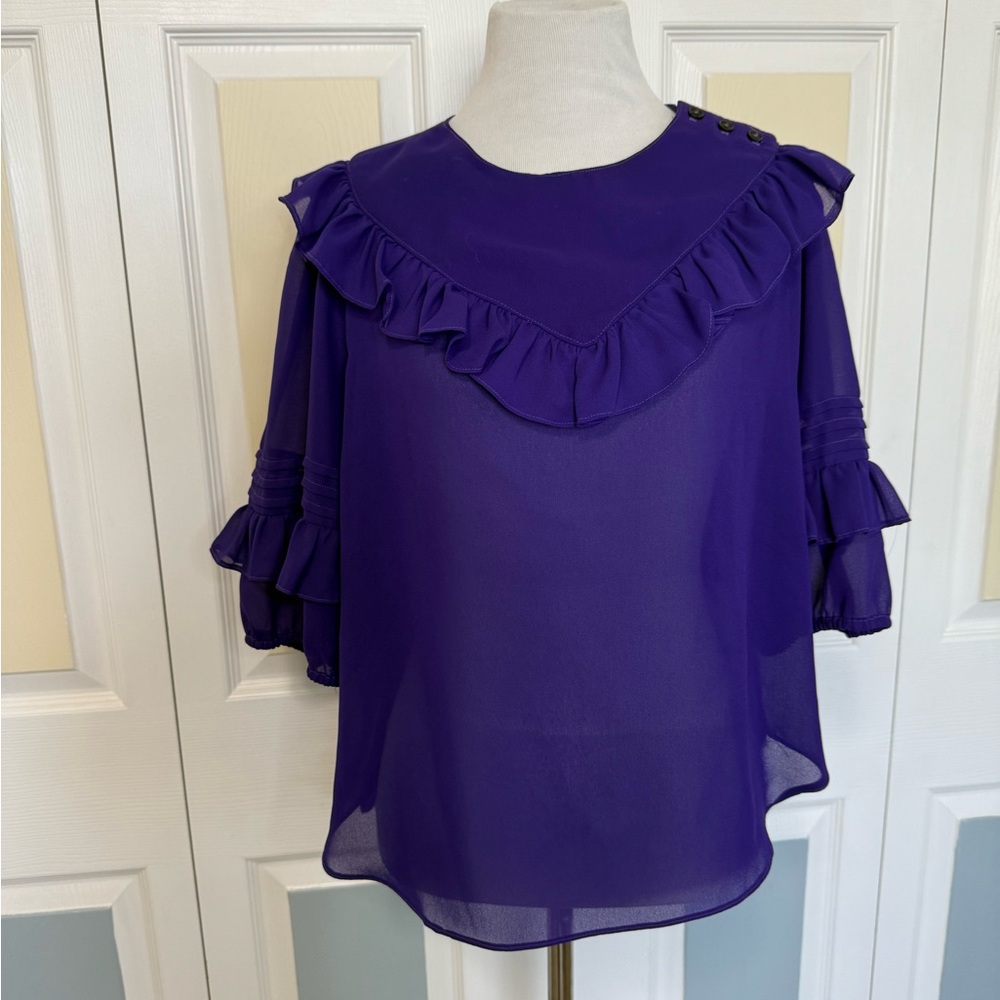 Vintage Fritzi of California Royal Purple Ruffled‎ Flutter Sleeve Blouse 1970s